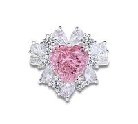Pinky Ring Damen, Damenring Vintage Blumen-Moissanit-Ring mit Herzförmigem, Im Labor Hergestelltem Rosa Saphir 4 Karat Silber 9K Weißgold Größe 54 (17.2)