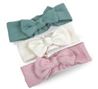 PinkZebra GOTS - Set di 3 fasce per capelli in mussola con fiocco, per neonati e bambini (lunghezza max 76 cm, larghezza 4 cm), fascia per capelli da annodare, accessori per capelli, rosa/crema