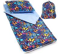 PinkZebra Sacco nanna per bambini 140 x 75 cm + federa 60 x 40 cm e sacchetto, per interni asilo, sacco a pelo da 3 a 8 anni (fino a 135 cm per bambini), Öko-Tex, farfalle colorate