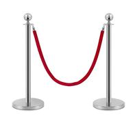 PINNERS Pali distanziatori in acciaio inox 2 pezzi, altezza 90 cm, argento con corda di velluto rosso da 1,5 m, collegamento a 4 vie, base di diametro 31 cm, controllo della folla