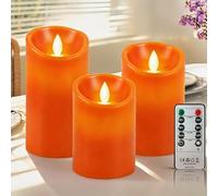 PinnWaa Candele LED in Vera Cera, Set da 3 Senza Fiamma a Colonna, Arancia | Telecomando a 10 Tasti, Timer 2/4/6/8 Ore, Funzionamento a Batteria, Luce Tremolante, Decorazione Interni, H 10/12.5/15 cm