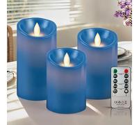 PinnWaa Candele LED in Vera Cera, Set da 3 Senza Fiamma a Colonna, Blu | Telecomando a 10 Tasti, Timer 2/4/6/8 Ore, Funzionamento a Batteria, Luce Tremolante, Decorazione Interni, H 10/12.5/15 cm