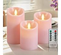 PinnWaa Candele LED in Vera Cera, Set da 3 Senza Fiamma a Colonna, Rosa | Telecomando a 10 Tasti, Timer 2/4/6/8 Ore, Funzionamento a Batteria, Luce Tremolante, Decorazione Interni, H 10/12.5/15 cm