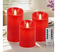 PinnWaa Candele LED in Vera Cera, Set da 3 Senza Fiamma a Colonna, Rosso | Telecomando a 10 Tasti, Timer 2/4/6/8 Ore, Funzionamento a Batteria, Luce Tremolante, Decorazione Interni, H 10/12.5/15 cm