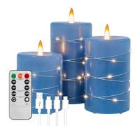 PinnWaa Candele LED Ricaricabili, Set da 3 con Luci a Filo Integrate, Blu | Vera Cera, Senza Fiamma, Telecomando, Timer 2/4/6/8 Ore, Effetto Fiamma Danzante, Luce Tremolante, per Casa e Matrimonio