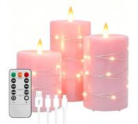 PinnWaa Candele LED Ricaricabili, Set da 3 con Luci a Filo Integrate, Rosa | Vera Cera, Senza Fiamma, Telecomando, Timer 2/4/6/8 Ore, Effetto Fiamma Danzante, Luce Tremolante, per Casa e Matrimonio