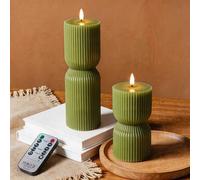 PinnWaa Candele LED Senza Fiamma, Batteria con Timer e Telecomando, 2 Pezzi Colonne Rigate in Vera Cera, Design a Clessidra, Fiamma Tremolante, per Decorazione Casa Matrimonio Festa - Verde