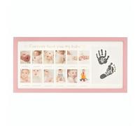 PinoLab Cornice Primo Anno Neonato con 12 Foto Mensili e Impronta Mano e Piede - Quadro Ricordo Bambino/Bambina, Idea Regalo Nascita, Battesimo e Primo Compleanno - 47 x 22 cm (Rosa)