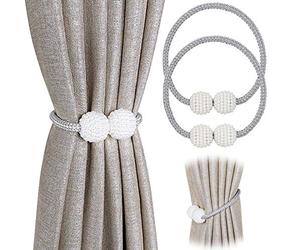 Pinowu Fermatende magnetici per tenda 2 pezzi, con perle decorative, per tende piccole, sottili o trasparenti, Fermatenda (grigio)