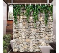 PINPAI Tenda da doccia da parete in mattoni di pietra, set di tende da doccia con foglie verdi per bagno, vintage 3D vite con luci, tenda da doccia in tessuto per bagno, accessori decorativi per vasca