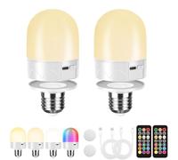 Pinrutar USB Lampadina Ricaricabile Con Telecomando, E27 Lampadina Batteria Per Lampade, Lampadina RGB Cambio Colore, 12 Colori Dimmerabile, 3 Timer, Luce Notturna Cordless, 800LM, 2200mAh,2 pack