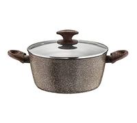 Pintinox Casseruola Alluminio Serie Natura, Antiaderente Effetto Pietra, Manico Effetto Legno, Coperchio in vetro con pomolo soft-touch effetto legno, Adatta all'Induzione, Diametro 24 cm