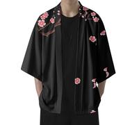 PINTUTU Camicia Camicetta Top Uomo Estate Giapponese Cinque Punti Maniche Kimono Cardigan a Maniche Corte con Stampa di Fiori di ciliegio da uomocotone Camicia Camicia Uomo