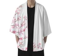 PINTUTU Camicia Uomo Estate Giapponese Cinque Punti Maniche Kimono Cardigan a Maniche Corte con Stampa di Fiori di ciliegio da uomo cotone