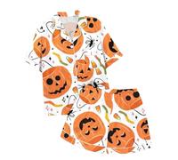 PINTUTU Completo Indumenti Domestici Ragazza Due Pezzi Maniche Corte Colletto A Bottoni Stampa Zucche Pastello Stelle Halloween Poliestere Seta Leggero Disponibile nel Colore Bianco Taglie 110 A 160