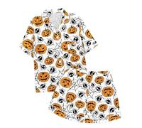PINTUTU Completo Indumenti Domestici Ragazza Due Pezzi Maniche Corte Colletto A Bottoni Stampa Zucche Pastello Stelle Halloween Poliestere Seta Leggero Disponibile nel Colore Bianco Taglie 110 A 160