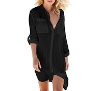 PINTUTU Copricostume Donna Mare Camicia Lunga Estiva Cotone Camicetta Scollo a V Copri Costume da Spiaggia Sciolti Casual Bikini Cover Up Costume da Bagno Intero Bikini