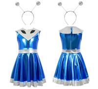 PINTUTU Costume Da Alieno Per Bambini E Bambine, Con Fascia Aliena, A Maniche Lunghe, Con Body Metallizzato, 2 Pezzi Vestito Stella Cometa Gonna In Ecopelle Effetto Metallizzato Per Bambina