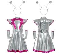PINTUTU Costume Da Alieno Per Bambini E Bambine, Con Fascia Aliena, A Maniche Lunghe, Con Body Metallizzato, 2 Pezzi Vestito Stella Cometa Gonna In Ecopelle Effetto Metallizzato Per Bambina