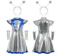 PINTUTU Costume Da Alieno Per Bambini E Bambine, Con Fascia Aliena, A Maniche Lunghe, Con Body Metallizzato, 2 Pezzi Vestito Stella Cometa Gonna In Ecopelle Effetto Metallizzato Per Bambina
