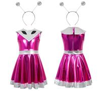 PINTUTU Costume Da Alieno Per Bambini E Bambine, Con Fascia Aliena, A Maniche Lunghe, Con Body Metallizzato, 2 Pezzi Vestito Stella Cometa Gonna In Ecopelle Effetto Metallizzato Per Bambina