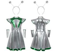 PINTUTU Costume Da Alieno Per Bambini E Bambine, Con Fascia Aliena, A Maniche Lunghe, Con Body Metallizzato, 2 Pezzi Vestito Stella Cometa Gonna In Ecopelle Effetto Metallizzato Per Bambina