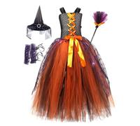 PINTUTU Costume Da Strega Arancione Incantevole - Strega Con Cappello Da Strega - Costume Bambina Halloween Per Bimbi, Con Gonna, Bacchetta Magica, Cappello E 1 Paio Di Maniche D'Acqua