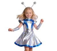 PINTUTU Donna Costume Alien Bambina Spaziale Cerchietto Metallico Top Corto Glitter Mini Gonna Skater Abito Olografico Costume Carnevale Abbigliamento Party Vestito Stella Cometa