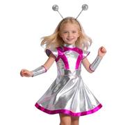 PINTUTU Donna Costume Alien Bambina Spaziale Cerchietto Metallico Top Corto Glitter Mini Gonna Skater Abito Olografico Costume Carnevale Abbigliamento Party Vestito Stella Cometa