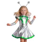 PINTUTU Donna Costume Alien Bambina Spaziale Cerchietto Metallico Top Corto Glitter Mini Gonna Skater Abito Olografico Costume Carnevale Abbigliamento Party Vestito Stella Cometa