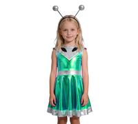PINTUTU Donna Costume Alien Bambina Spaziale Cerchietto Metallico Top Corto Glitter Mini Gonna Skater Abito Olografico Costume Carnevale Abbigliamento Party Vestito Stella Cometa