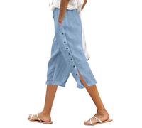 PINTUTU Pantaloni Capri Pantaloni Donna Estivi Larghi Pantaloni A Tre Quarti con Elastico Vita E Bottoni Laterali Tessuto Antirughe Senza Stiratura Adatto per Taglie Piccole Fino A Doppia Extra Large