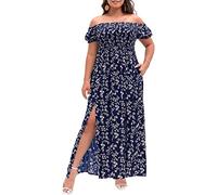 Pinup Fashion Abito da Donna Boho Plus Size Stampa Floreale Spalle Scoperte Arricciato Split Estivo Maxi Abito Lungo, Floreale Nero, 24 più