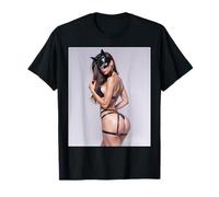 Pinup Girl T Shirt per Uomo - Sexy Bruna Donna con Maschera di Gatto Maglietta