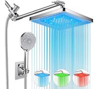 PinWin Soffione doccia, doppio soffione doccia a pioggia da 20,3 cm con braccio di estensione regolabile da 27,9 cm, combinazione portatile ad alta pressione a 6 impostazioni, soffione doccia a LED a