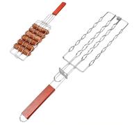 Pinza per salsiccia per barbecue Roulette - Griglia a 6 salsicce con manico in legno, 48,5 x 9 cm (argento) - Utensili per barbecue con chiusura a 180°