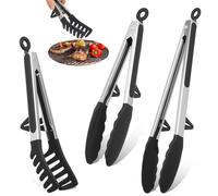 Pinze da cucina in silicone, 3 pezzi, per cucina, barbecue, in silicone, in acciaio inox, per pasta, per carne, resistente al calore e ai graffi, per grigliate, insalata di pasta, lavabile in