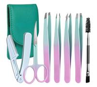 Pinzetta per Sopracciglia Professionale (7 Pezzi), Set di pinzette di precisione, Con Forbici, Rasoio, con custodia in pelle, Per donna e uomo per viso, sopracciglia, Verde