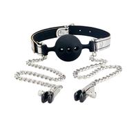 Pinzette per capezzoli con catene al morso bavaglio con gag nero e argento