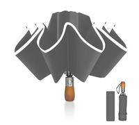 Pioggistar Ombrello Pieghevole Antivento, Ombrello Inverso Automatico, Ombrello da Pioggia 10 Stecche Rinforzate per Uomo e Donna, Manico in Legno, Diametro 105cm, Grigio