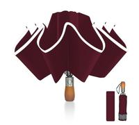 Pioggistar Ombrello Pieghevole Antivento, Ombrello Inverso Automatico, Ombrello da Pioggia 10 Stecche Rinforzate per Uomo e Donna, Manico in Legno, Diametro 105cm, Rosso