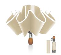 Pioggistar Ombrello Pieghevole Antivento, Ombrello Inverso Automatico, Ombrello da Pioggia 10 Stecche Rinforzate per Uomo e Donna, Manico in Legno, Diametro 105cm, Beige
