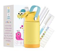 Pipeeto Bottiglia termica per bambini da 350 ml, gialla|Bottiglia d'acqua per bambini a prova di perdite con cannuccia e manico|Bottiglia ecologica in acciaio inox a doppia parete, spazzola per la