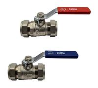 Pipestation, confezione da 2 valvole a sfera a leva (22 mm), foro completo con manico rosso e blu, raccordo a compressione