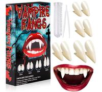 Pipihome Halloween Denti Vampiro, 4 Paia Denti da Vampiro Adulto Bambino con Tubo Adesivo, Canini da Vampiro Realistici, Halloween Costume Cosplay Accessori