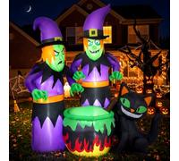 PIPIMOUSE 2 streghe gonfiabili per Halloween, 1,8 m, con calderone e gatto, decorazione per esterni con LED integrati, decorazione per esterni, interni, prato, cortile, giardino