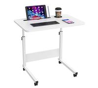 PIPIPOXER 60 x 40 cm, scrivania per computer portatile, scrivania regolabile in altezza, con ruote girevoli, slot per carte di credito e porta bevande, per camera da letto, ufficio (bianco)