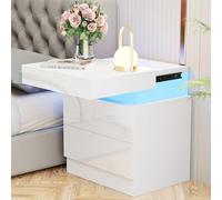 PIPIPOXER Comodino con luce LED, comodino bianco lucido con 2 cassetti, spazio nascosto nella parte superiore, LED regolabile, 16 colori, comodino per camera da letto, soggiorno, moderno
