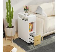 PIPIPOXER Comodino, tavolino con presa di corrente, bianco, con 2 cassetti e 1 ripiani aperti, comodino con ruote, per soggiorno, camera da letto, 60 x 30 x 60 cm, colore bianco e legno, 50x25x70cm