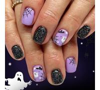 Pipistrello stregata e ragnatela mezzanotte Unghie lunghe a pressione 24 Arte Halloween per costume Non sono necessarie ragnatele glitterate Facile da applicare per le feste
